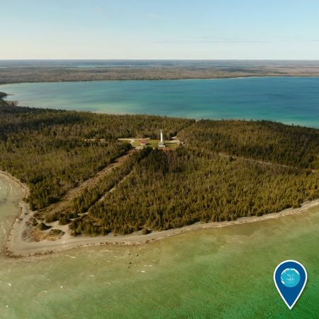 aerial view of the Presque Isle Lighthouse