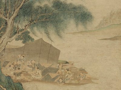 Chinese scroll shows fishing families enjoying an afternoon