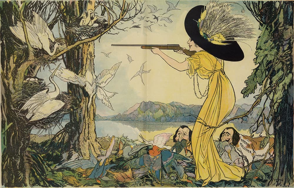 drawing of a women in a feather hat shooting birds in the forest