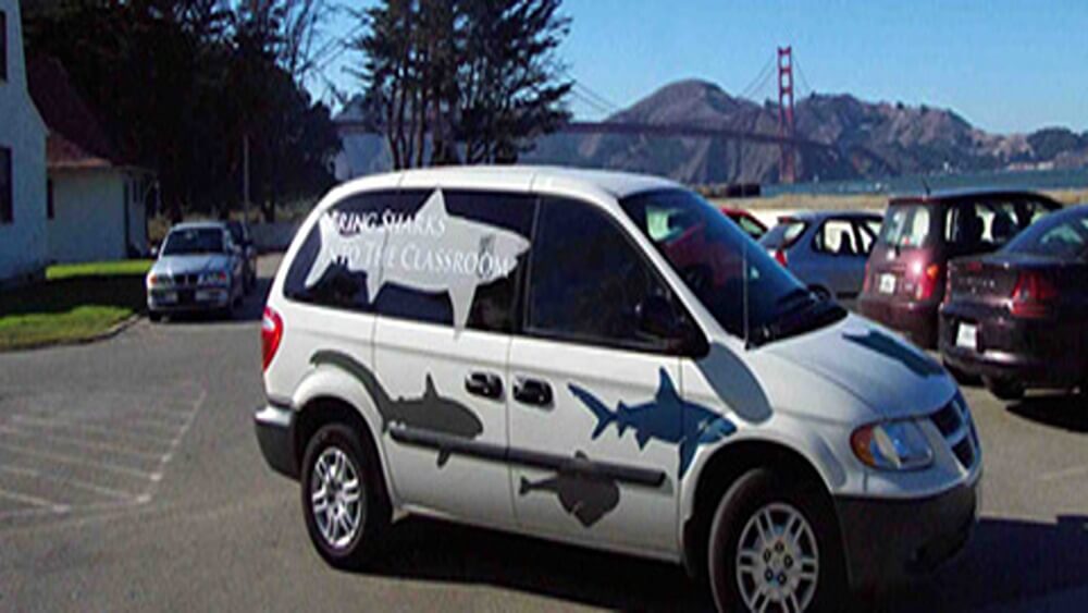 White van with multiple outlines of sharks painted on the car, in a parking lot with the golden gate bridge in the background.