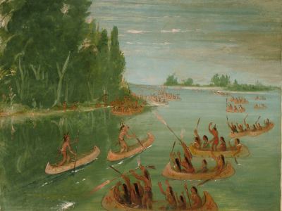 painting of the Ojibwa Tribe canoe racing