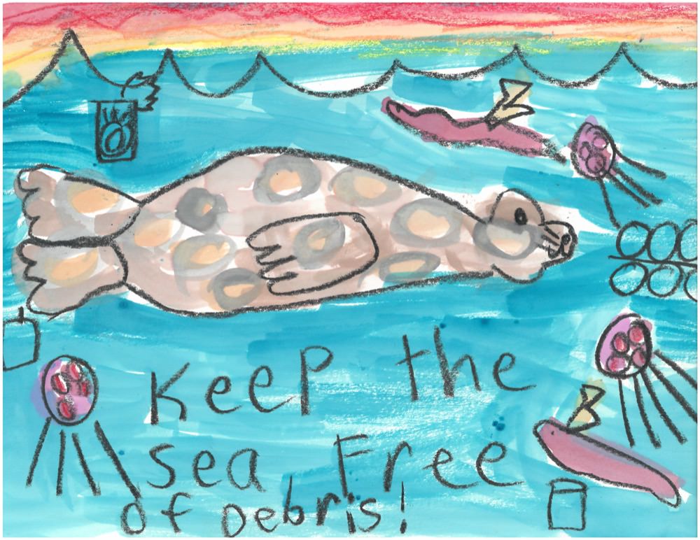 first grader drawing depicting marine debris in the ocean and a seal swimming through the debris
