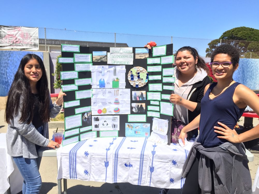students with a sign about environmental projects