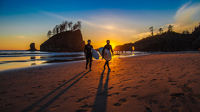 surfers on a beach at sunset