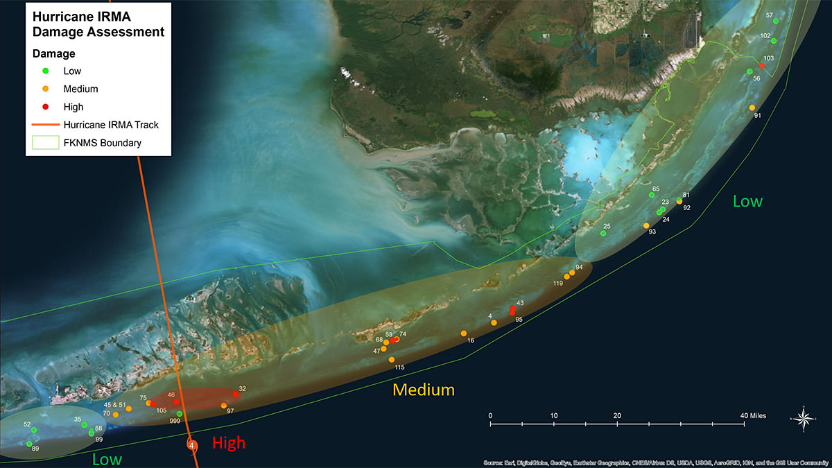 satellite image of the florida keys overlaying hurricane irma storm damage assessments