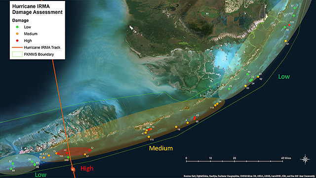 aerial image shows areas of high, medium, and low hurricane impact to the Florida Keys