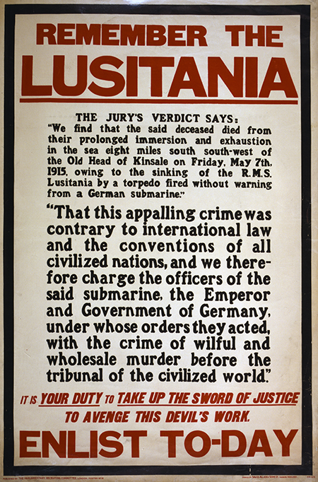poster asking men to remember the sinking of the lusitania and enlist in the navy