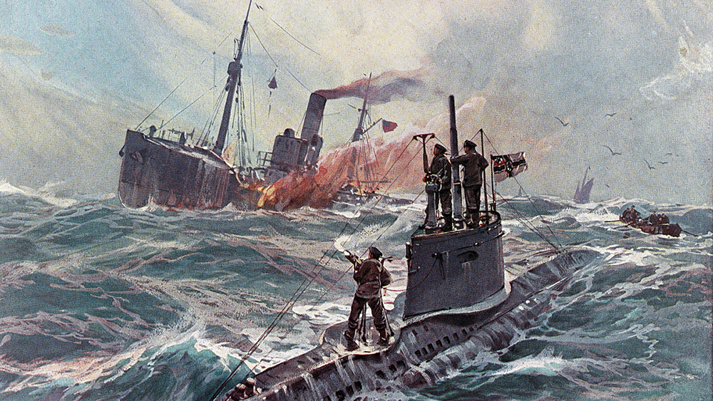 illustration showing a german submarine attacking an american merchant ship