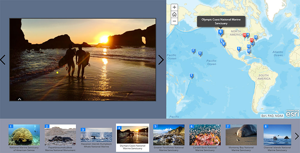 screen shot of the story map: a photo of surfers on the beach at sunset (left), a map with the locations of all the natinal marine sanctuaries (right) and a carousl of all the sanctuaries (bottom)
