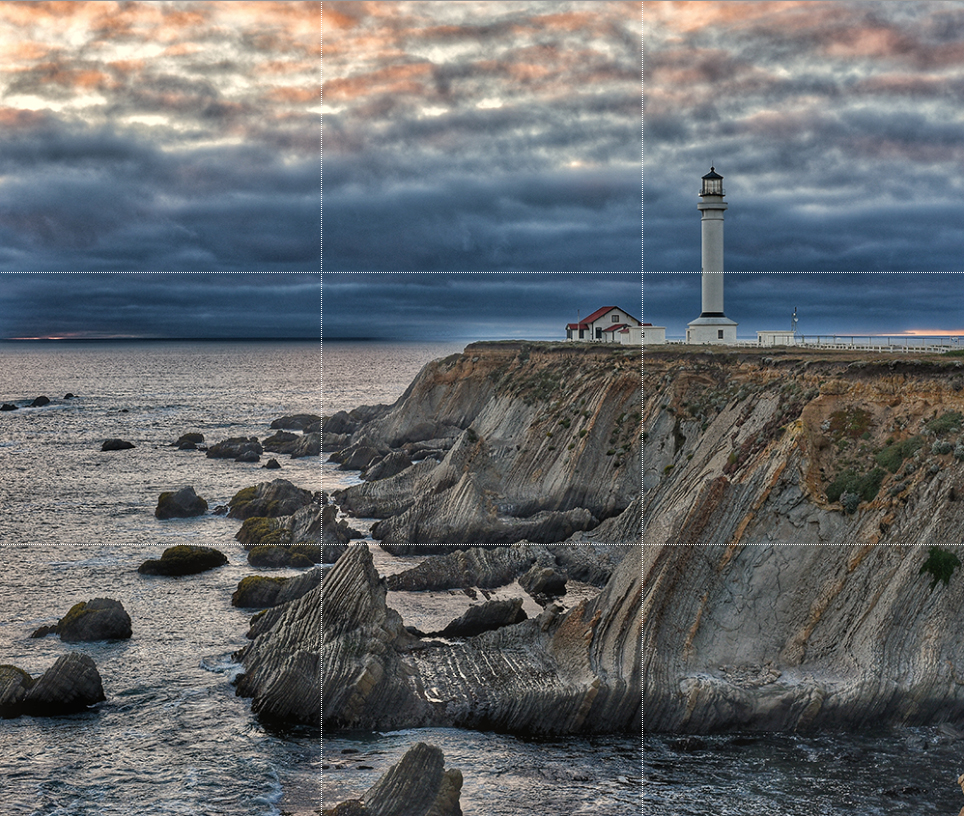 point arena lighthouse photograph with rule of thirds gridlines overlaid