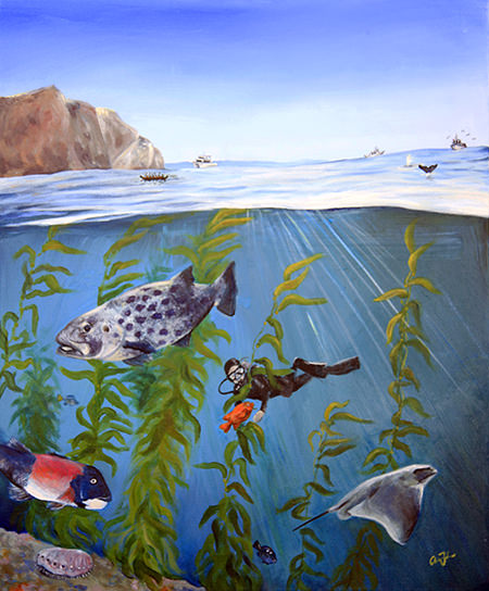 painting of a channel islands kelp forest featuring fish, diver, and invertebrates