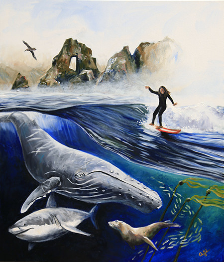 painting of greater farallones featuring farallon islands, a surfer, a humpback whale, a white shark, and a sea lion