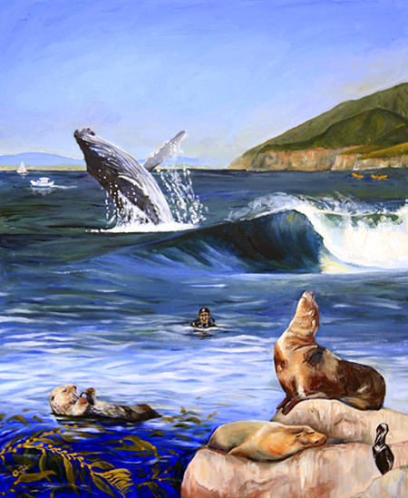 painting of monterey bay featuring humpback whale, diver sea lions, sea otter, and kelp forest