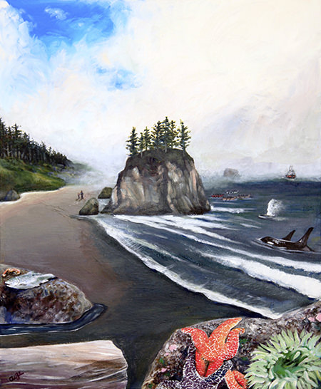painting of olympic coast including sea stacks, orcas, and tide pools