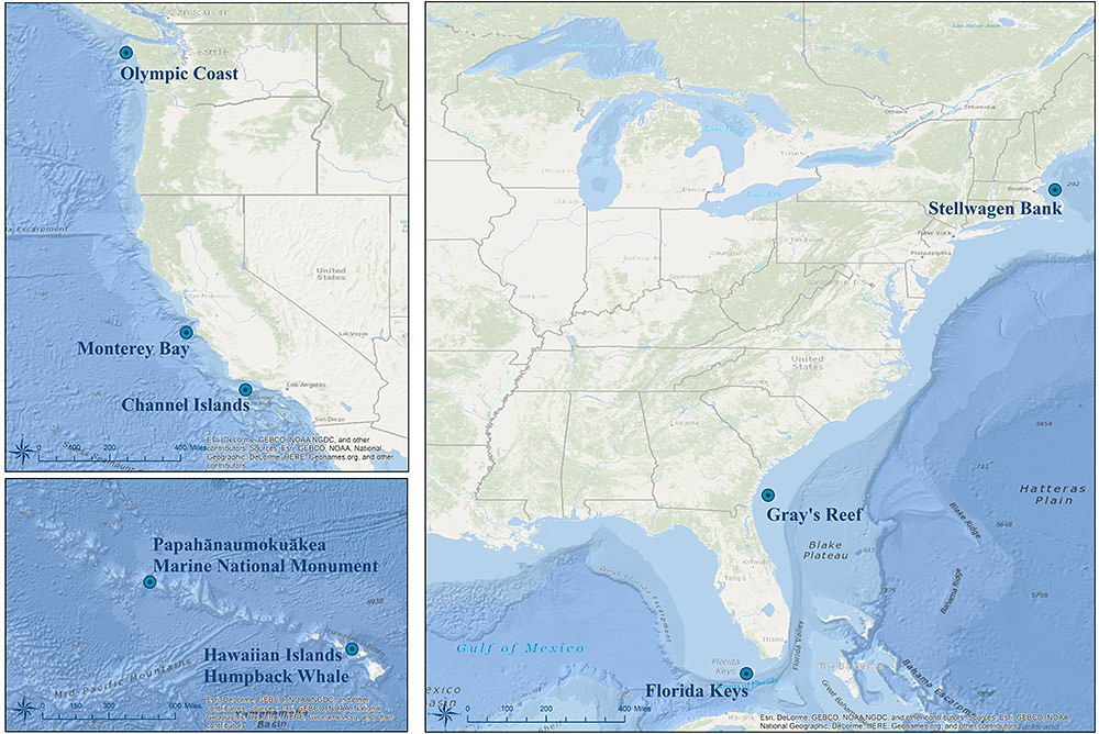maps highlighting the locations of sound monitoring: Stellwagen Bank, Gray's Reef, Florida Keys, Olympic Coast, Monterey Bay, Channel Islands, Hawaiian Islands Humpback Whale  and Papahānaumokuākea Marine National Monument