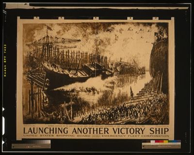poster advertising the work of the U.S. Emergency Fleet Corps launching a ship with a crowd watching