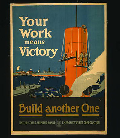 poster of thee U.S. Emergency Fleet Corps building a ship with other ships in the background