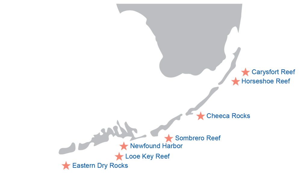 A map highlighting the seven reefs in the Florida Keys targeted by Mission: Iconic Reefs