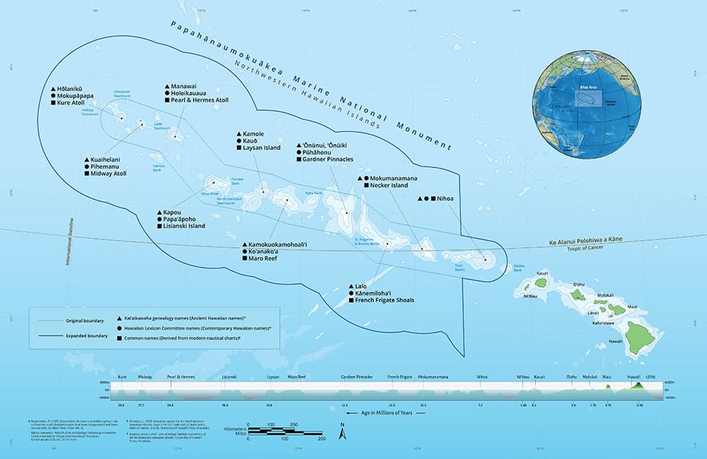 Map of Papahānaumokuākea Marine National Monument and its location relative to the inhabited Main Hawaiian Islands