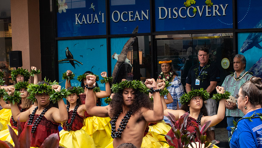 a group of people performing hula
