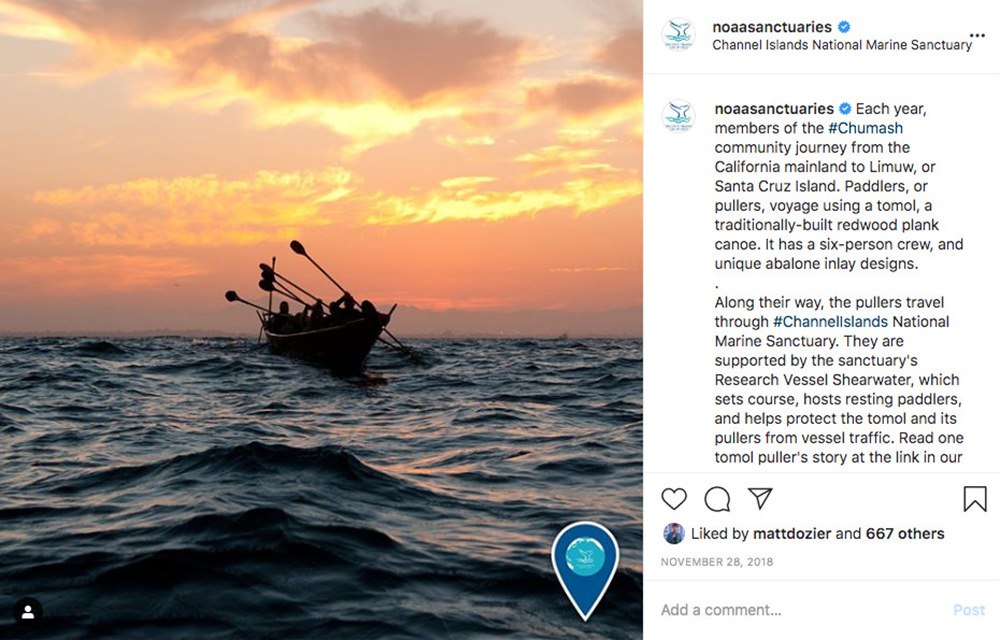 instagram post with a photo of people paddling a tomol