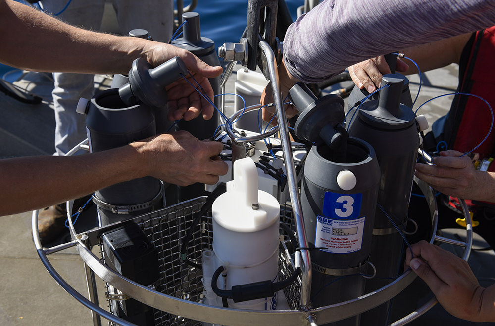 people reaching out to check a water sampling device