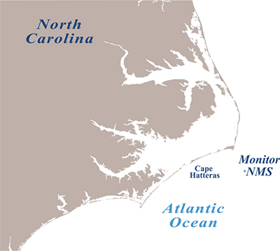 A map showing the North Carolina coast nad monitor wreck site
