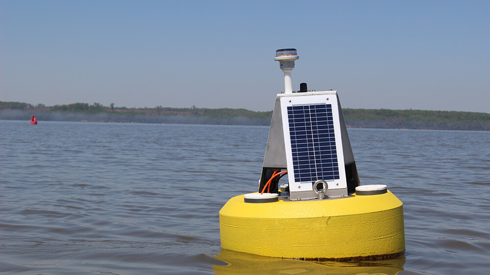 A buoy equipped with solar panels