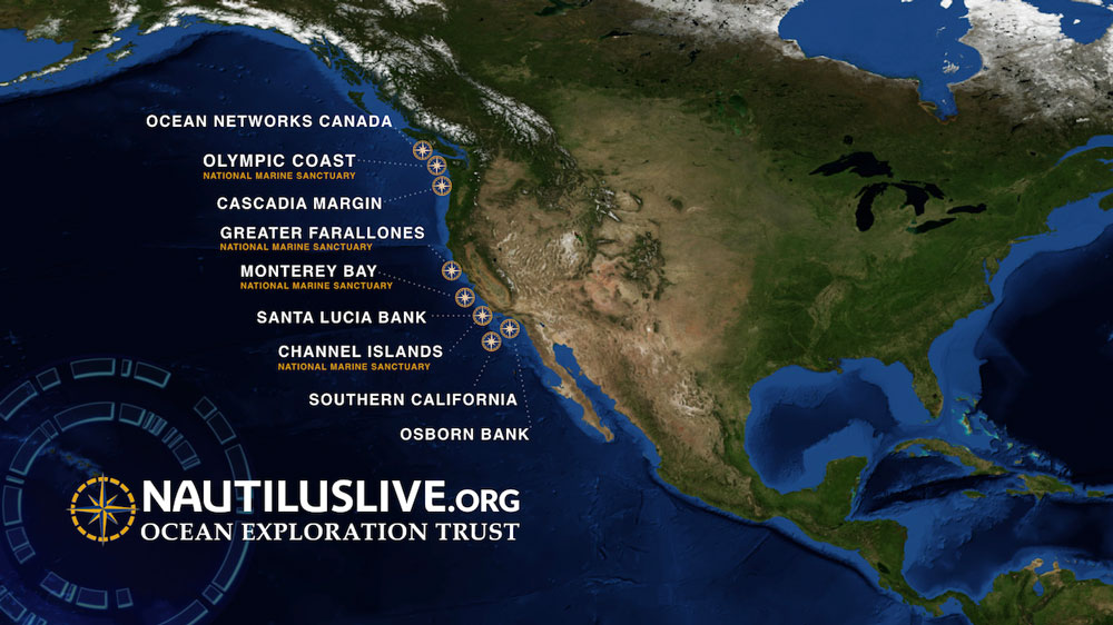 Nautilus Live map highlighting the spots the vessle will visit in 2020