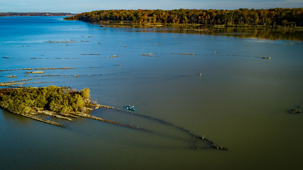 Aerial of kayaker paddling next to exposed wrecks.