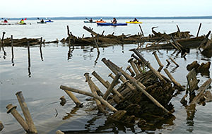 kayakers paddling by shipwrecks