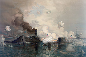painting depicting the battle of the monitor and the merrimac