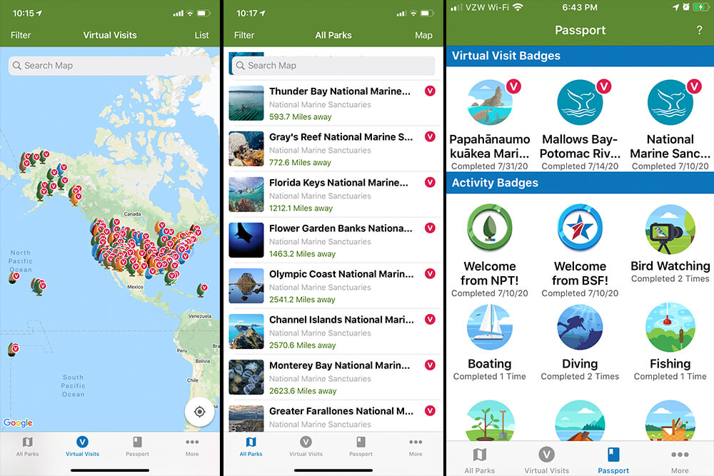 Screen shots of the park passport app; left: a map with many pins on it; middle: a list of national marine sanctuaries in the app; right: virtual badges for visiting a park;