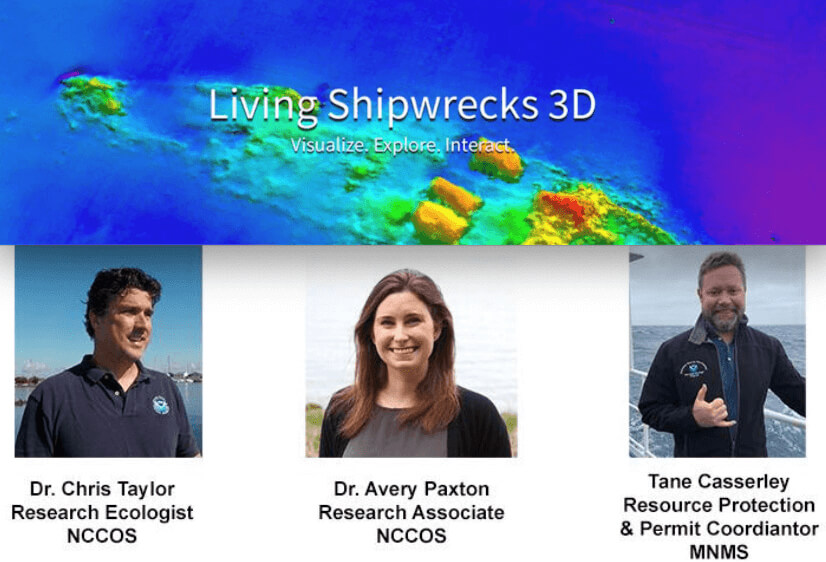 A scan of a shipwreck overlayed with headshots of Dr. Avery Paxton, Tane Casserley, and Dr. Chris Taylor
