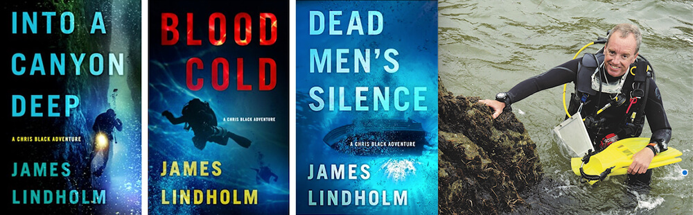 Photo of James Lindholm next to 3 book covers