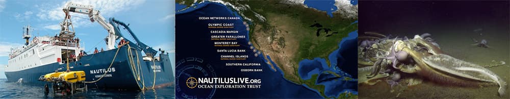 left: e/v nautilus, center map of west coast of u.s. highlighting the expedition locations, right: a whale fall with marine life all over the whale bones
