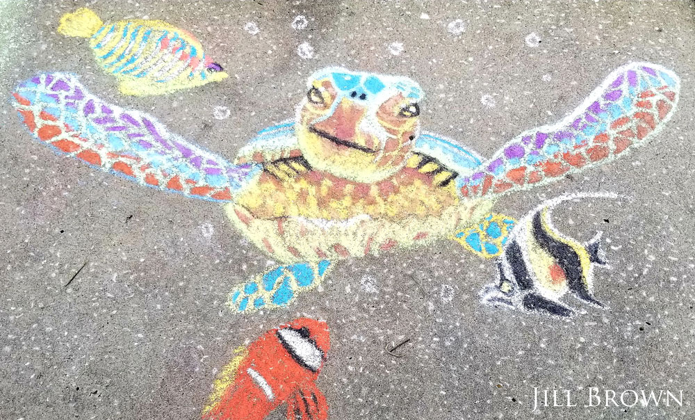 chalk art of turtle and fish