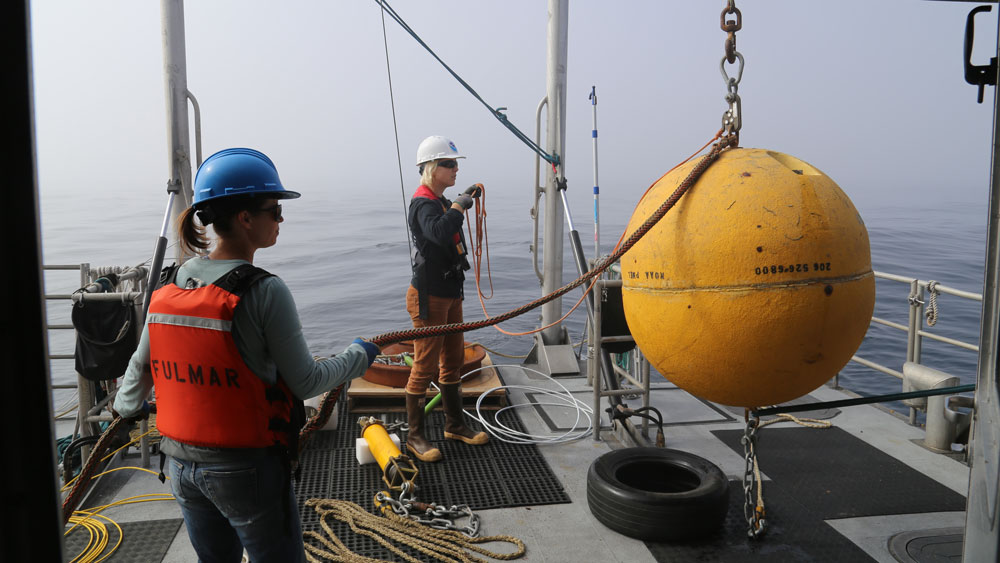 Researchers in helments on deck with equipment