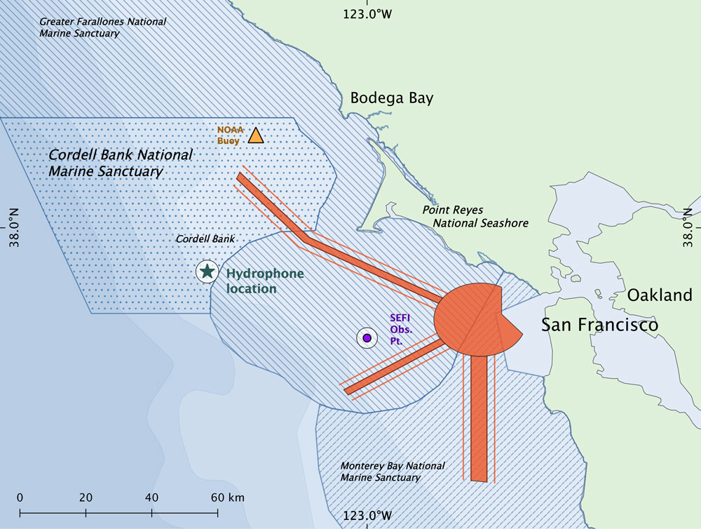 Map of hydrophone in Cordell Bank National Marine Sanctuary