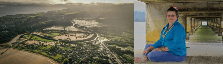 left: an aerial shot of a Hawaiian island, right: a woman sits on a beach under a dock