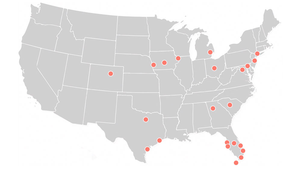 map of continental US with red dots