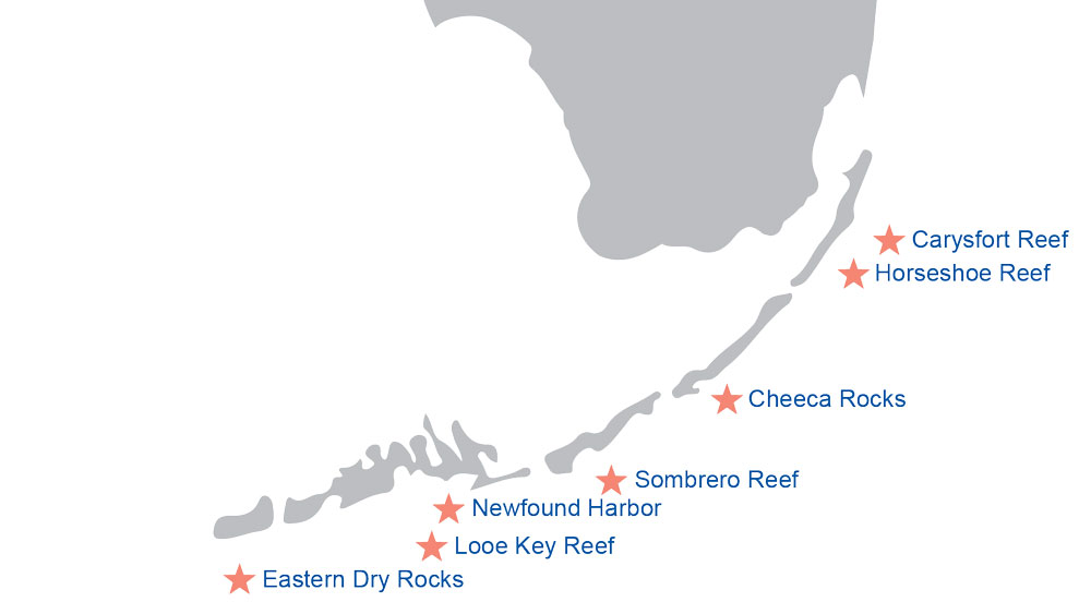 Reef locations on Florida Keys map