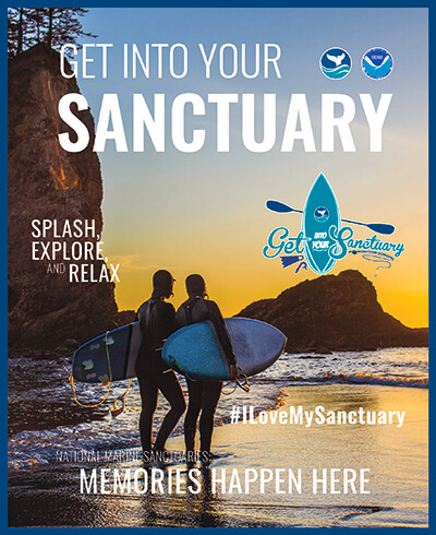 get into your sanctuary magazine - two surfers walk on a beach
