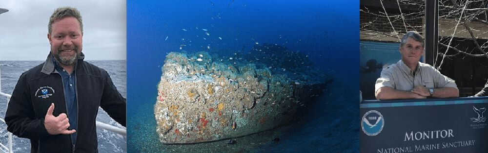 left: Tane Casserley, center: the wreck of the uss monitor, right: Chris Southerly