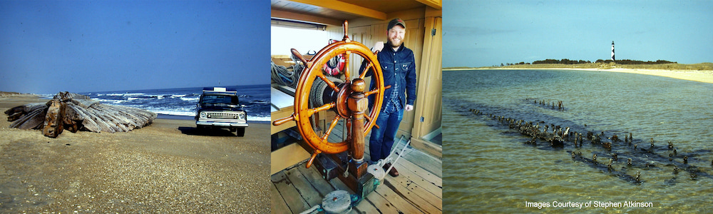left: shipwreck on a beach, center: stephen atkinson next to a boat stearing wheel, right: shipwreck just under the surface of the water