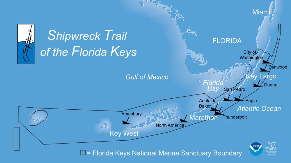 A map of Florida Keys National Marine Sanctuary showing each of the shipwreck trail locations