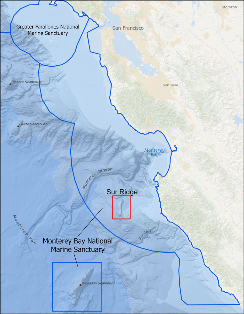 A map showing the location of Sur Ridge located in Monterey Bay National Marine Sanctuary