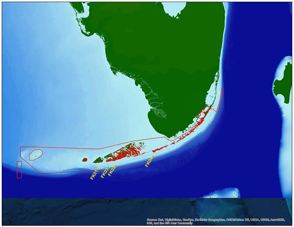 a map showing the Florida Keys National Marine Sanctuary boundary and location of four passive acoustic monitoring sites.