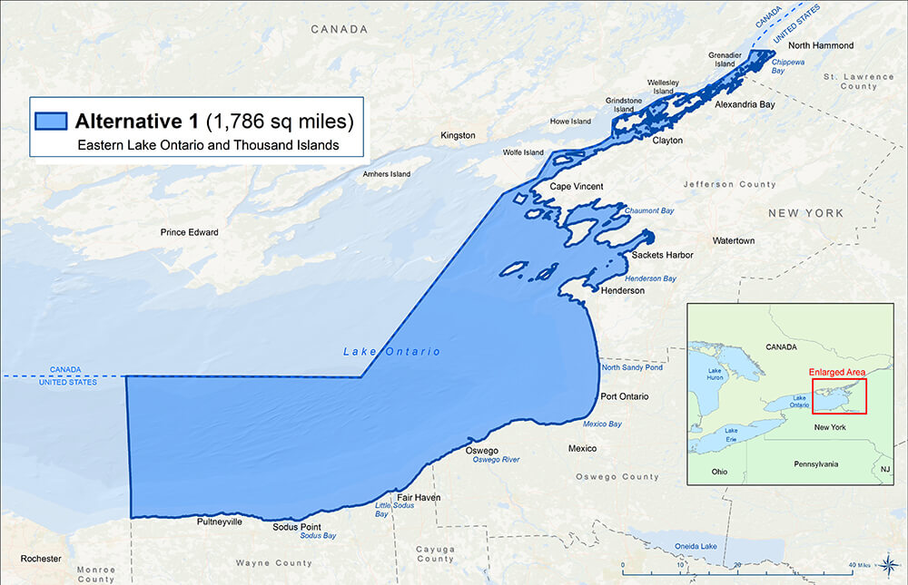 A map of lake Ontario showing the boundary for Alternative 1 of the marine sanctuary