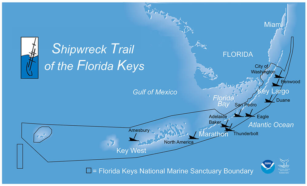 Map of the Florida Keys with a series of ship icons scattered across the water